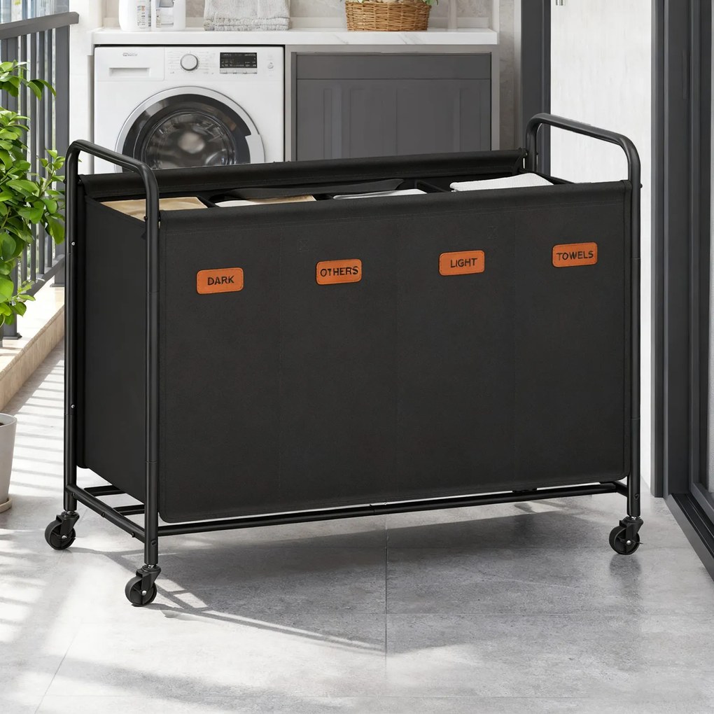 Cesto para roupa suja com 4 compartimentos com 200 l e rodas, 79 x 40 x 91 cm Preto
