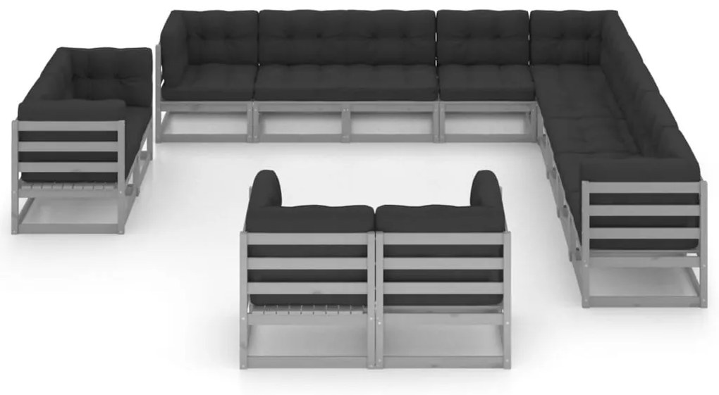 13 pcs conj. lounge jardim c/ almofadões pinho maciço cinzento