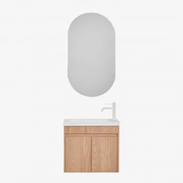 Conjunto De Móvel De Casa De Banho Suspenso Em Madeira Com Lavatório Integrado Narek Castanho Fresno & Ovalado Com Armazenamento Preto - Sklum