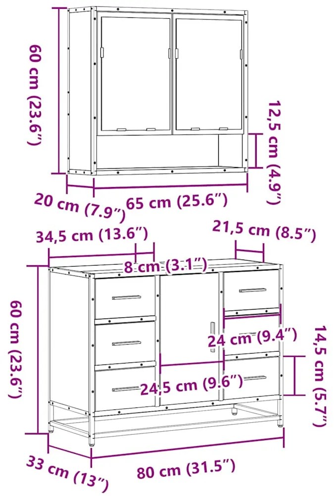 2 pcs conj. móveis casa de banho derivados madeira cor fumado