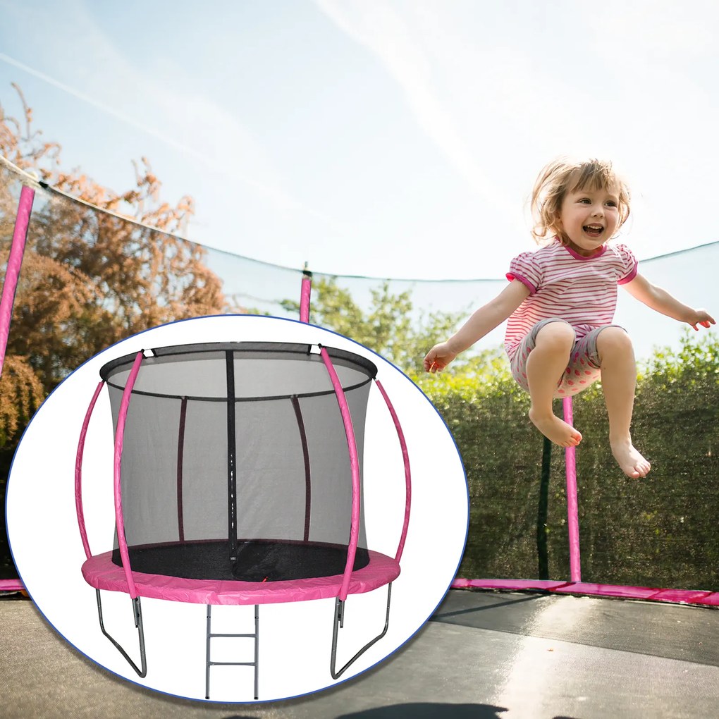 HOMCOM Trampolim de Jardim Φ244cm Trampolim para Crianças e Adultos com Rede de Segurança Cobertura nas Bordas e Escada para Exterior Rosa