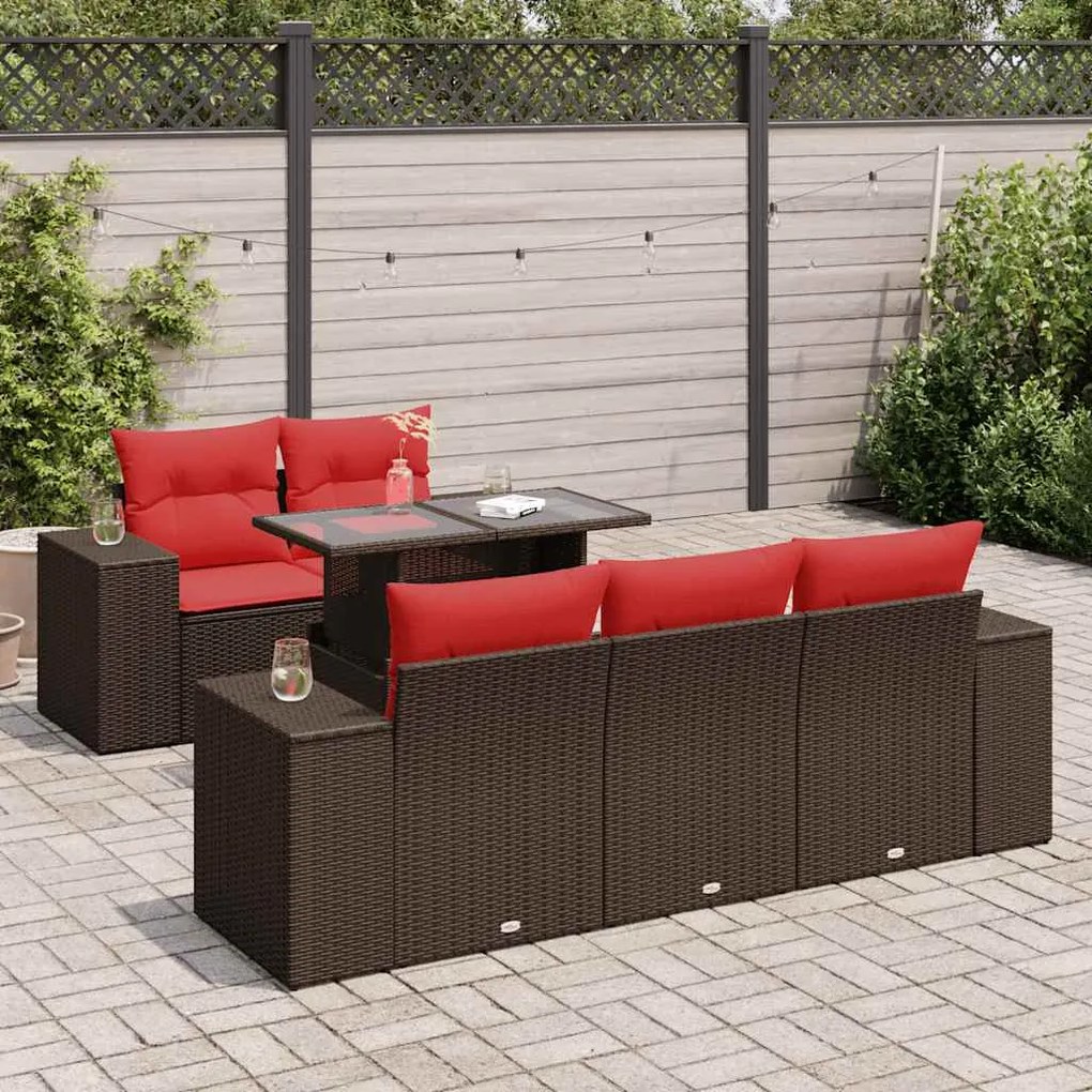 6 pcs conj. sofás jardim c/ almofadões vime PE/acácia castanho