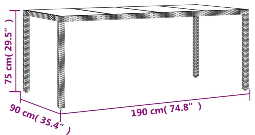 7 pcs conjunto jantar jardim com almofadões vime PE/vidro bege