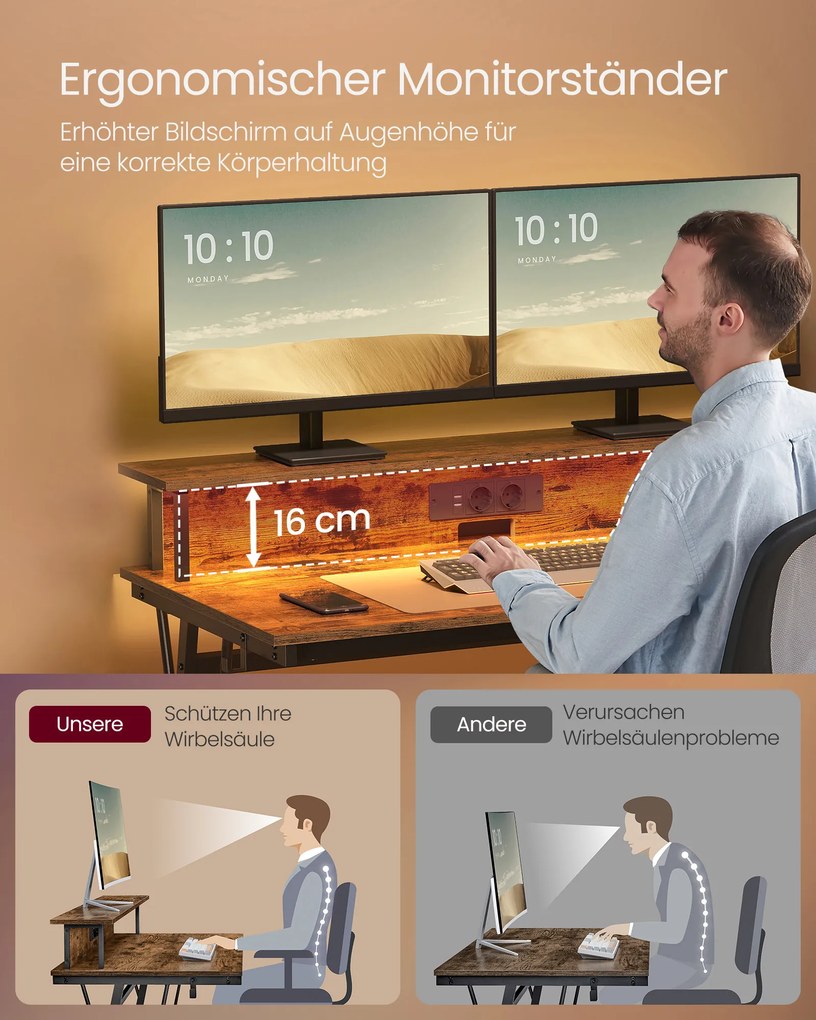 Secretária com iluminação LED, 2 tomadas e 2 portas USB e com suporte para monitor 55 x 135 x 76 cm castanho vintage