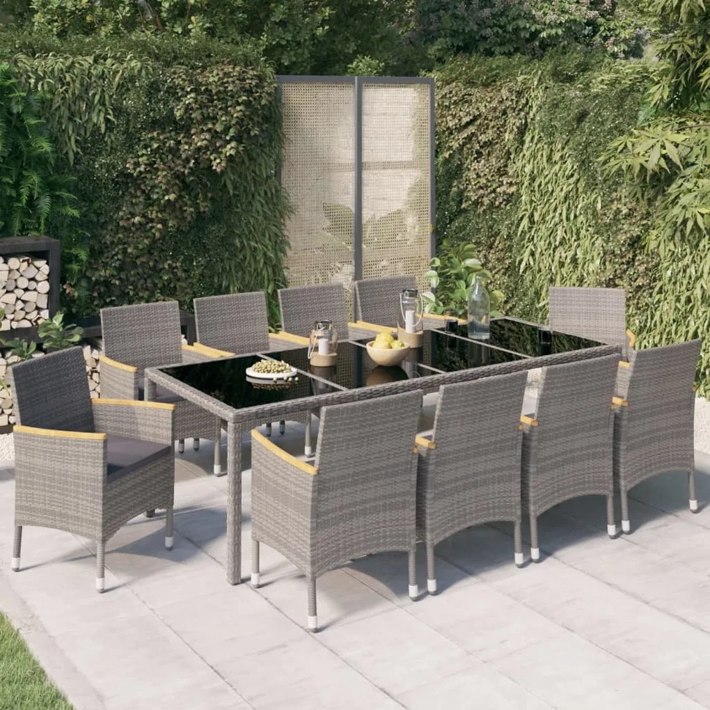 vidaXL 11 pcs conj. jantar exterior c/ almofadões vime PE preto/cinza