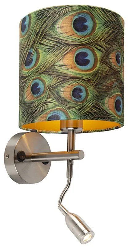 LED Candeeiro de parede moderno em aço com luz de leitura e abajur em veludo 20/20/20 Pavão - Dourado Moderno