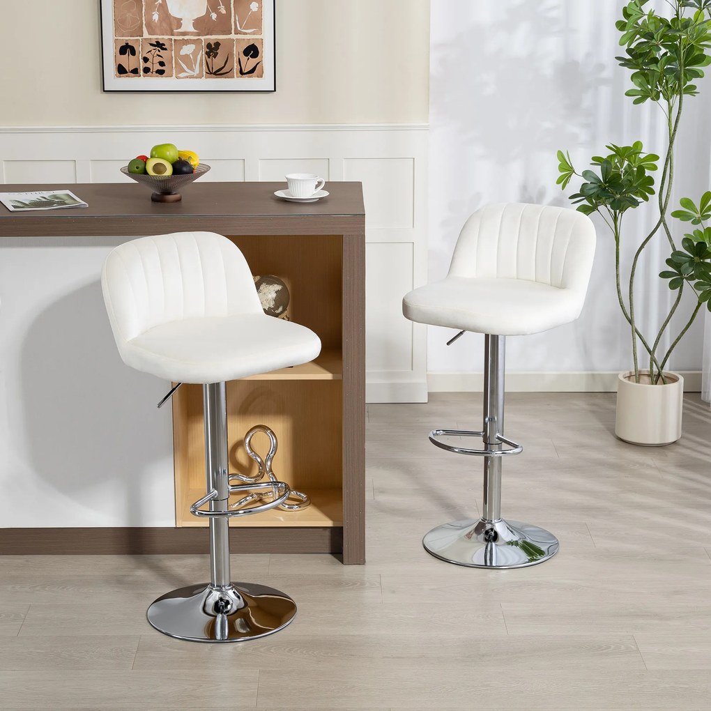 Conjunto de 2 Bancos de Bar com Altura Ajustável Assento Giratório e Apoio para os Pés 43x45x81-101 cm Creme