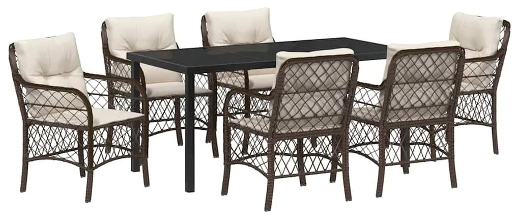 Conjunto de Jantar de Jardim com 7 Peças e Almofadas Marrons em Rattan