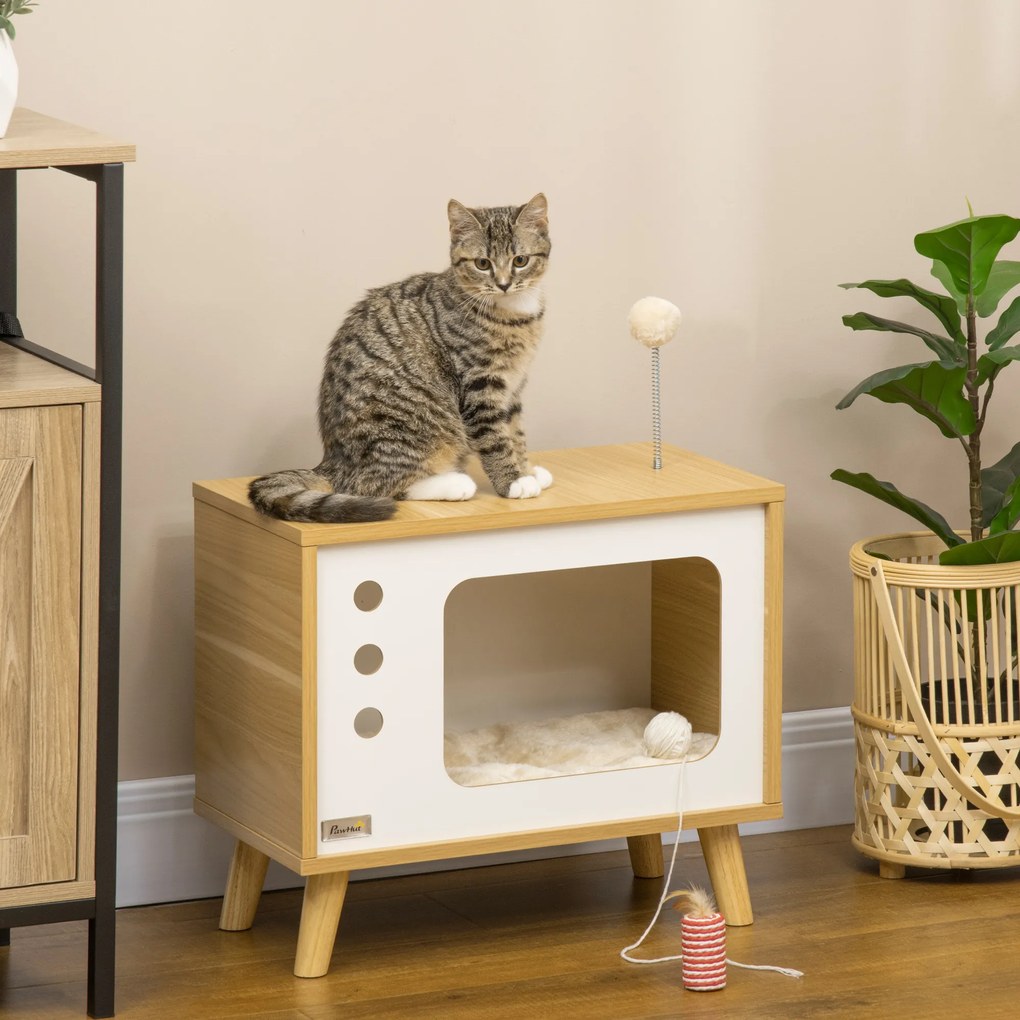 PawHut Mesa Auxiliar Cama Caverna para Gatos com Estilo Televisor Casa para Gatos com Almofada Suave Lavável Bola e Pés Elevados 50x28x43cm Carvalho