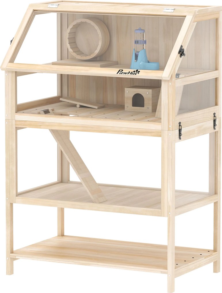 Gaiola para hamster, habitat para roedores de 3 andares com painel acrílico e roda, 80 x 53 x 117 cm, com efeito de madeira natural