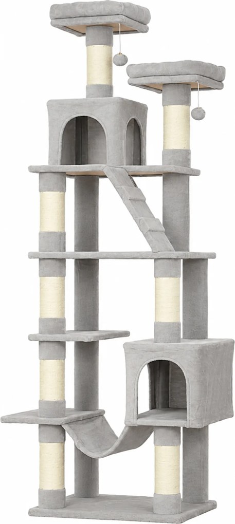 PawHut Arranhador para Gatos 204 cm Multinível com 2 Tocas, Rede, 2 Camas, Postes de Sisal e Escada, Cinzento-claro | Aosom Portugal