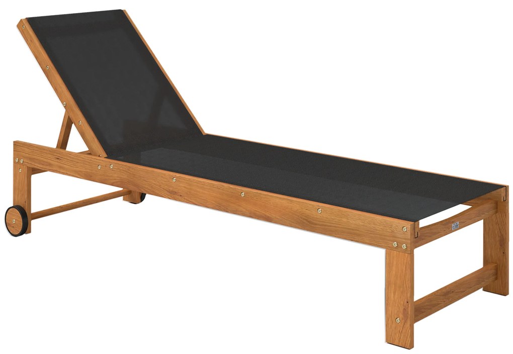 Outsunny Espreguiçadeira de Madeira Espreguiçadeira de Jardim com Rodas Encosto Ajustável em 4 Níveis 186x60x33 cm Teca e Preto