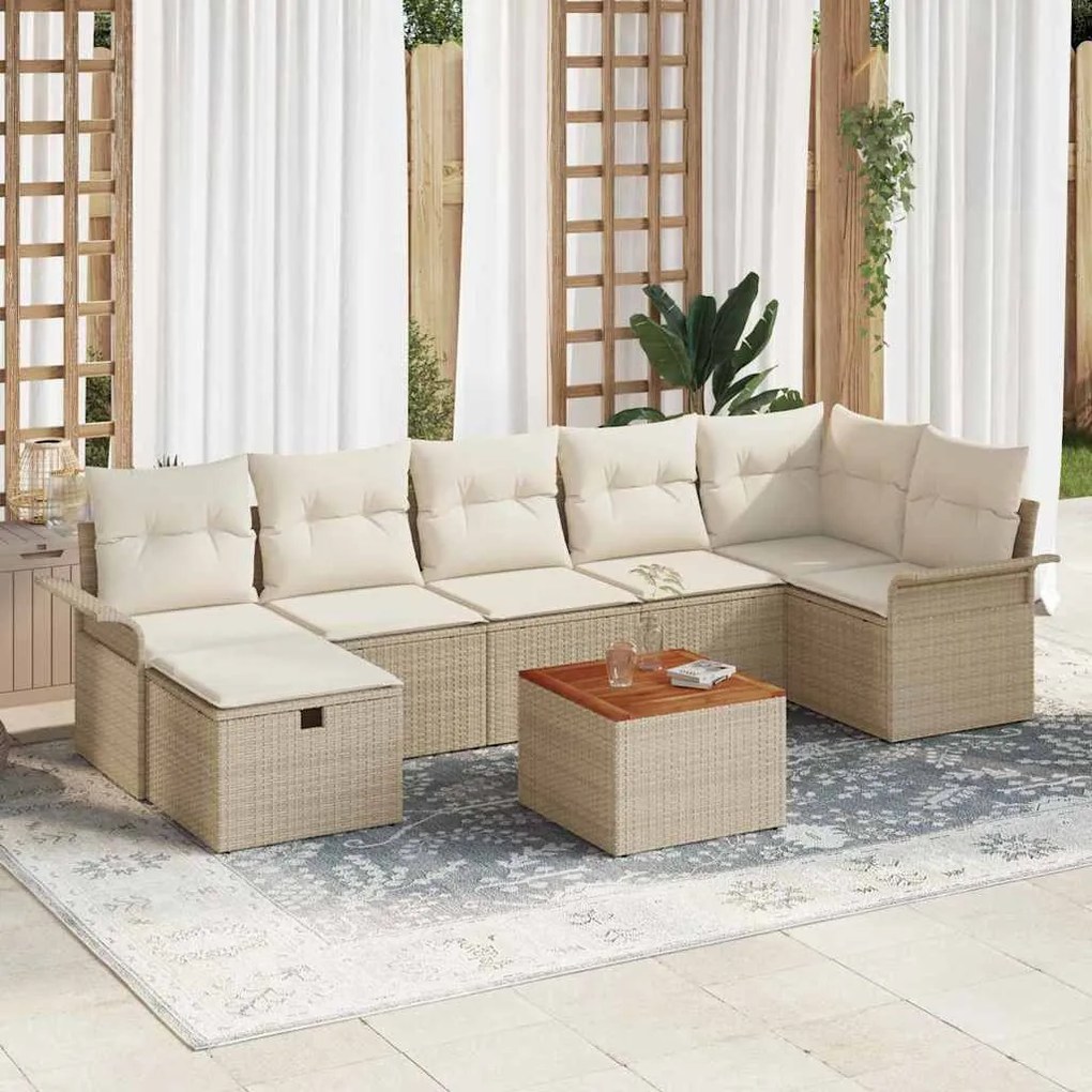 vidaXL Conjunto de sofá de jardim de 8 peças da com almofadas de rattan poliéster bege.