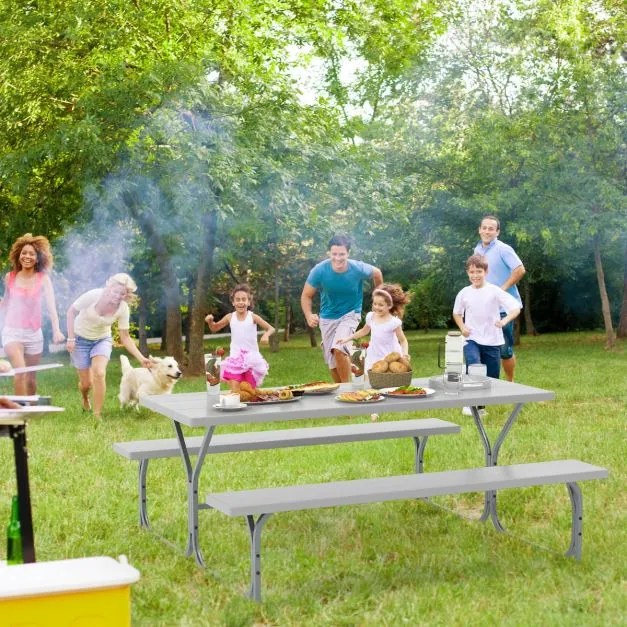Conjunto jardim de 2 bancos e mesa para 8 pessoas com estrutura metálica Buraco para guarda-sol Cinzento