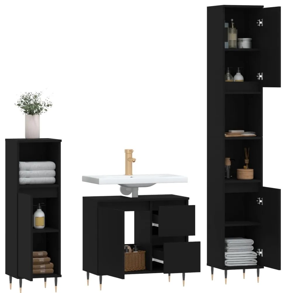 3 pcs conjunto móveis casa de banho derivados de madeira preto