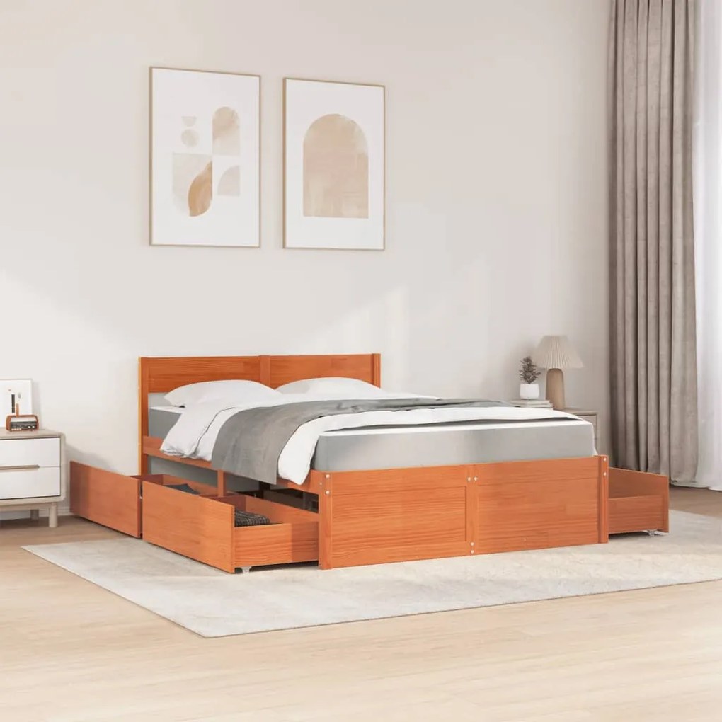 Cama com gavetas e colchão 120x190 cm pinho maciço castanho-mel