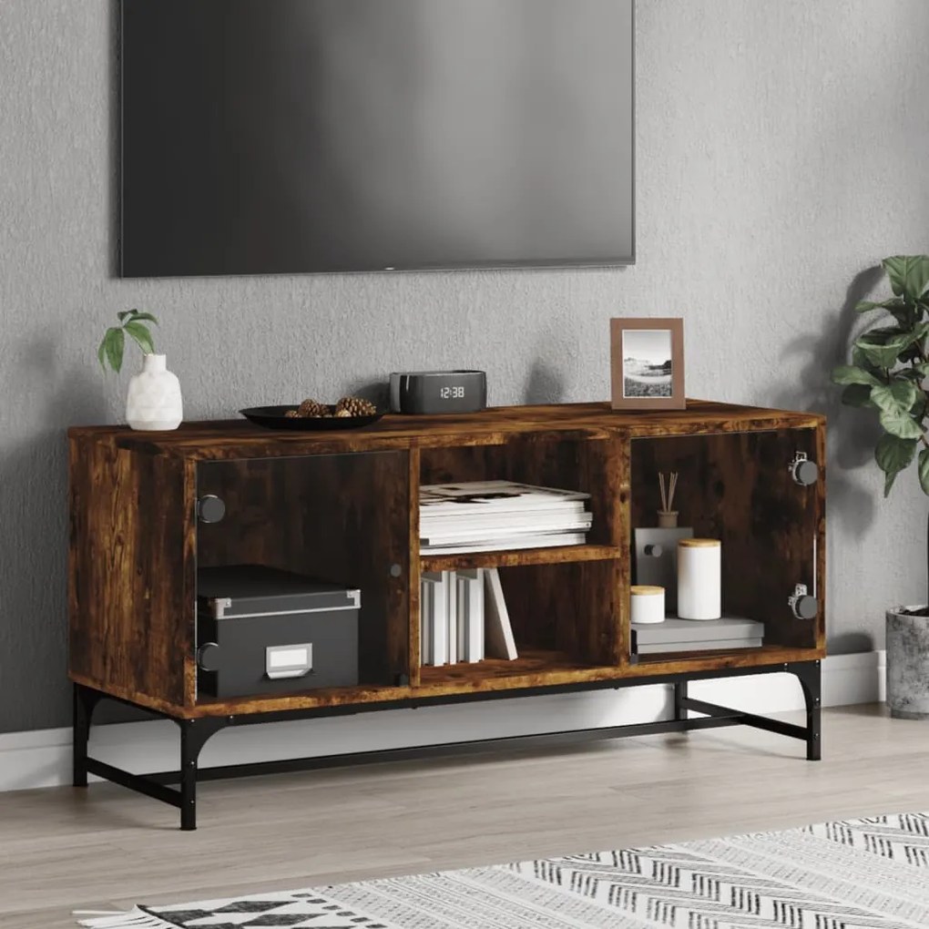 vidaXL Móvel de TV c/ portas de vidro 102x37x50 cm carvalho fumado