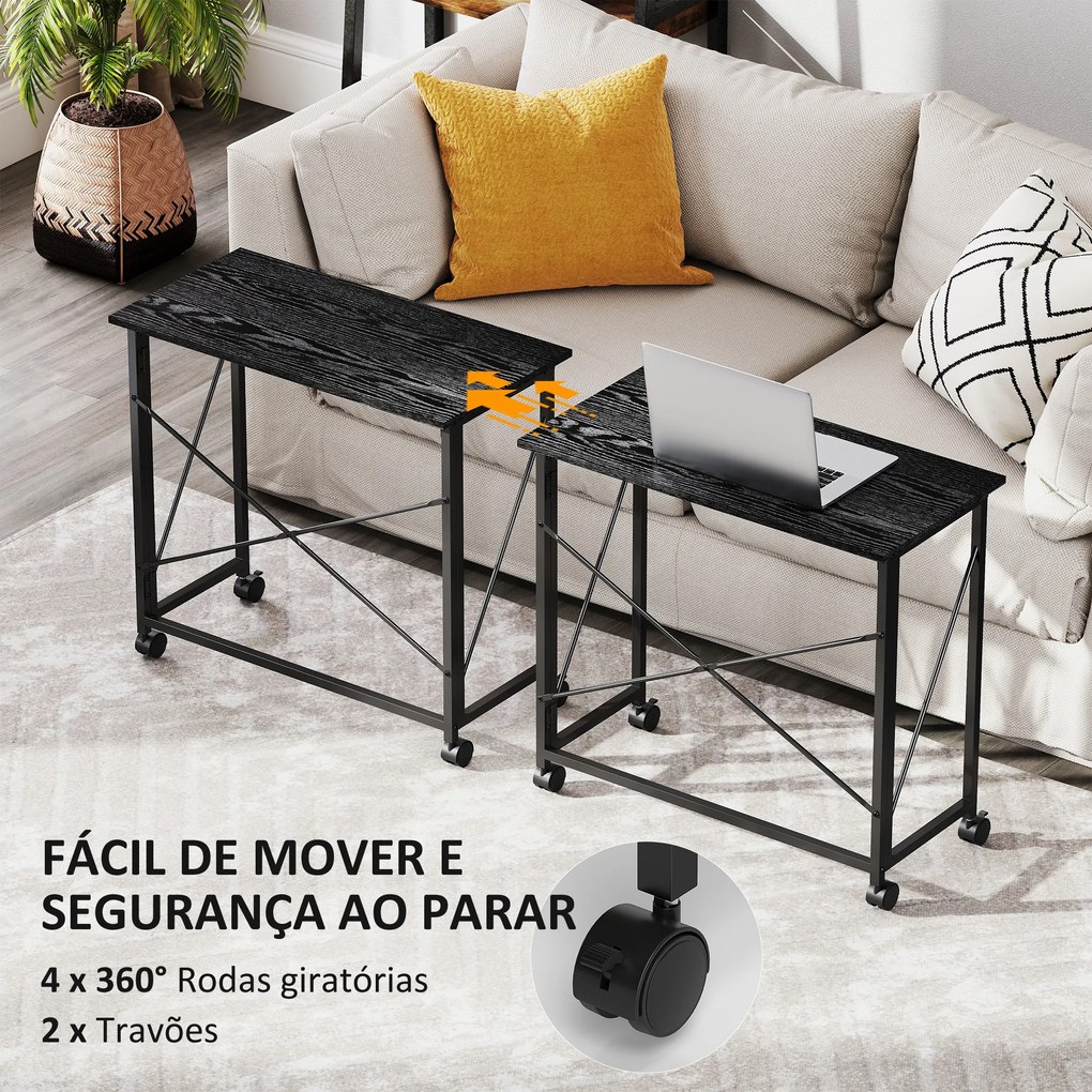 Secretária Dobrável com Rodas Mesa de Secretária Compacta Portátil para Espaços Pequenos 80x40x75 cm Preto