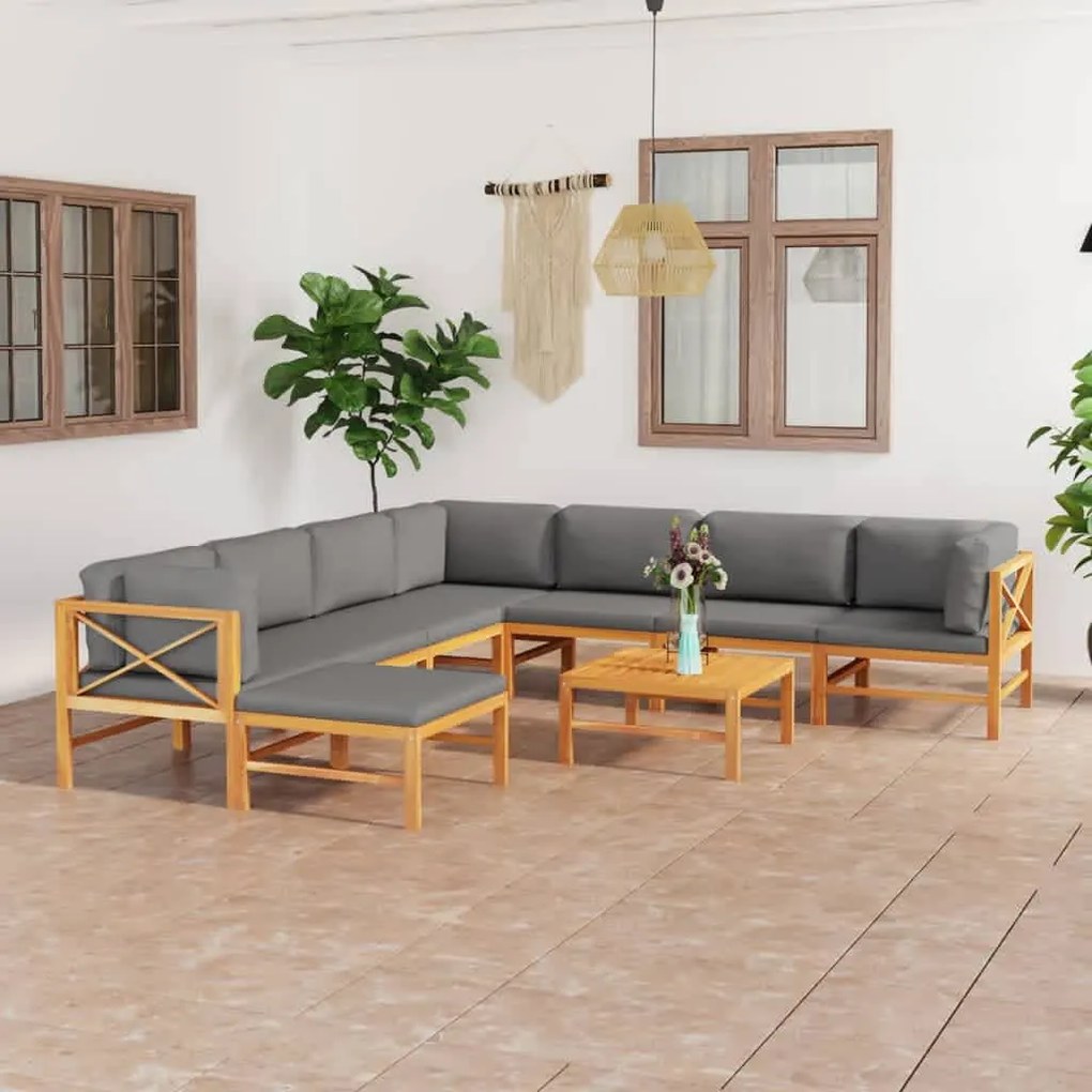 vidaXL 9 pcs conj. lounge jardim c/ almofadões cinzentos teca maciça