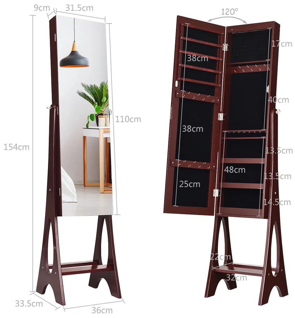 Guarda Joias com espelho de corpo inteiro com 12 luzes LED Design Vertical Ângulo ajustável Organizador de jóias  36 x 33,5 x 154 cm Castanho