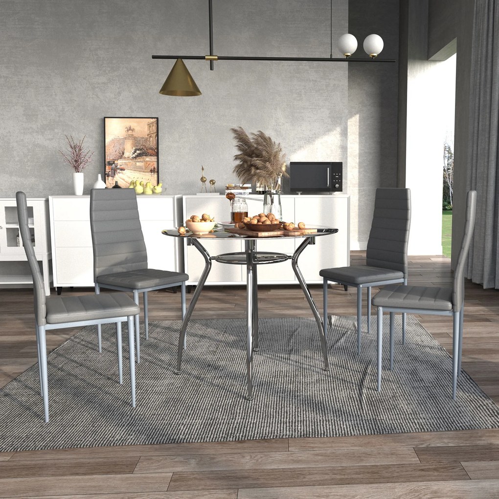 Conjunto de Refeição Conjunto de 5 Peças Mesa Redonda de Vidro Temperado Ø90x75 cm e 4 Cadeiras 42x52x96 cm Cinza