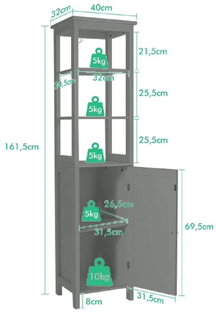 Armário de casa de banho estreito com 3 níveis Estante e 1 porta Armário organizador fino para sala de estar Cozinha 40 x 32 x 161,5 cm Cinzento