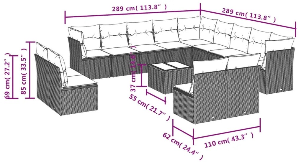 14 pcs conjunto sofás p/ jardim c/ almofadões vime PE cinzento