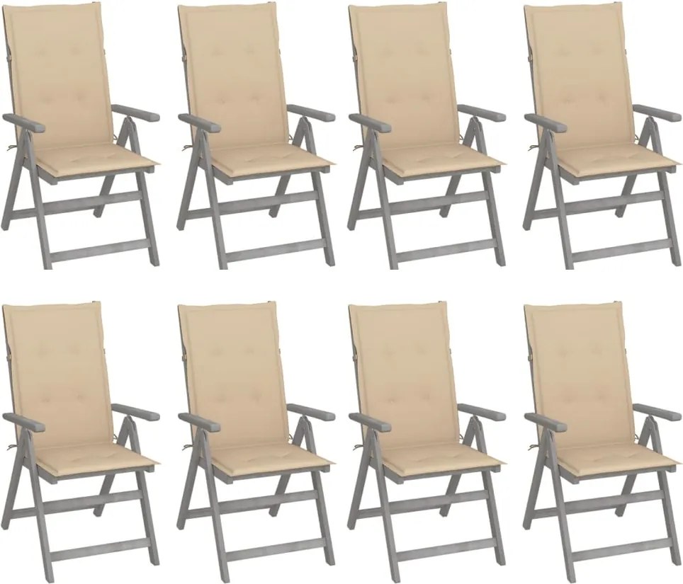 vidaXL Cadeiras jardim reclináveis c/ almofadões 8 pcs acácia cinzento