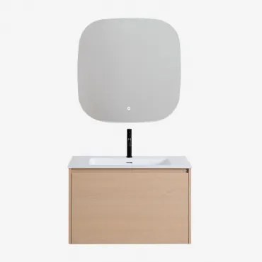 Conjunto De Móvel De Casa De Banho Suspenso Em Madeira Com Lavatório Integrado Jacob Madeira Natural & Quadrado Led E Anti-embaciamento - Sklum