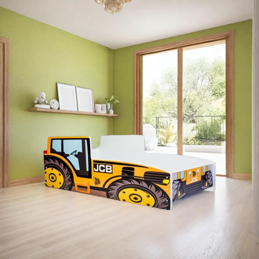 Cama infantil 140x70 em forma de trator amarela - com colchão e estrado incluído