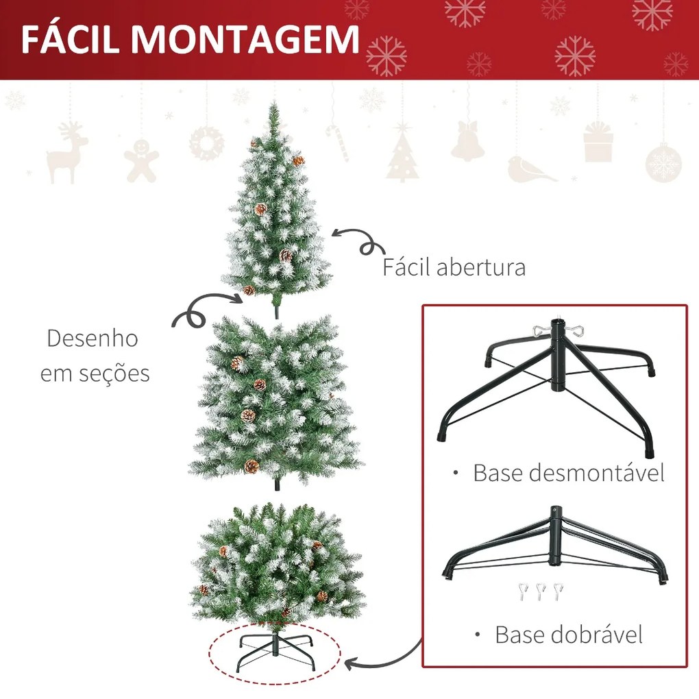 Árvore de Natal Artificial Ø75x180cm com 630 Ramas e 37 Pinhas Folhas de PVC Base Dobrável e Suporte Metálico Decoração de Natal para Interiores Verde