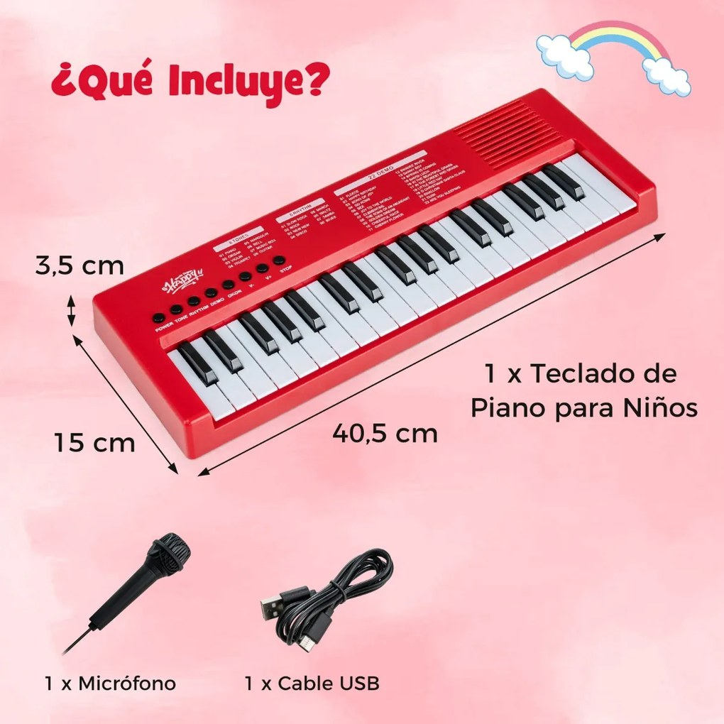 Teclado de piano para crianças Piano elétrico portátil de 37 teclas com 8 ritmos, 8 tons e 22 demos Instrumento musical eletrónico vermelho