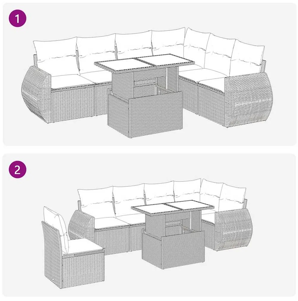 7 pcs conjunto sofás p/ jardim c/ almofadões vime PE cinzento