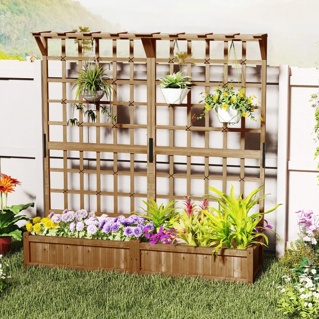 Floreira de jardim elevada em madeira 180 x 48 x 183 cm, com treliça, teto suspenso, 2 caixas, tabuleiro removível, plantas trepadeiras, flores, café