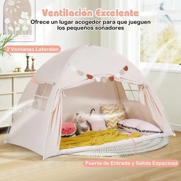 Tenda dobrável e portátil brincar para crianças 201 x 100 x 122 cm com 2 janelas e bandeiras para beliches duplos Bege