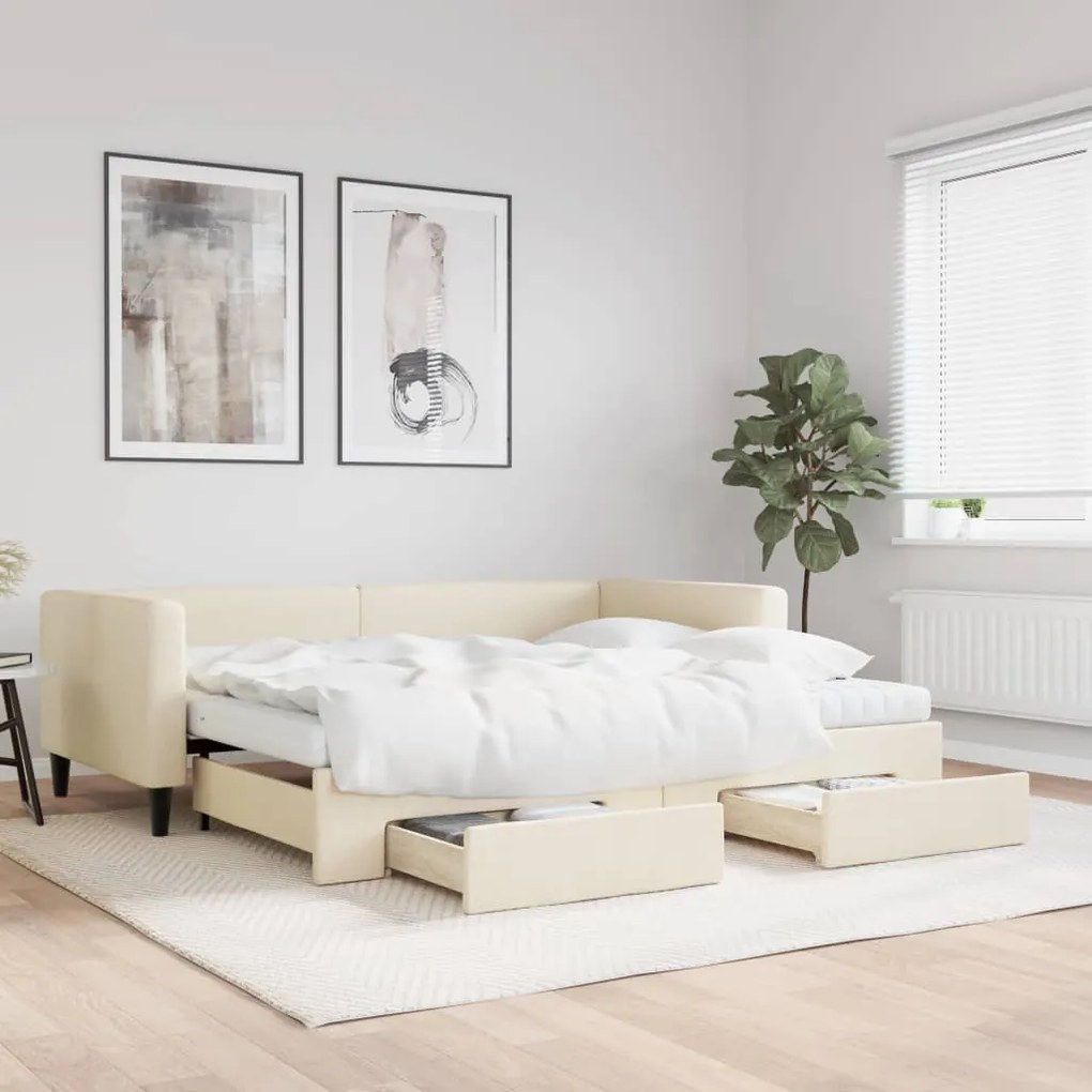 Sofá-cama com gavetão e gavetas 90x200 cm tecido cor creme