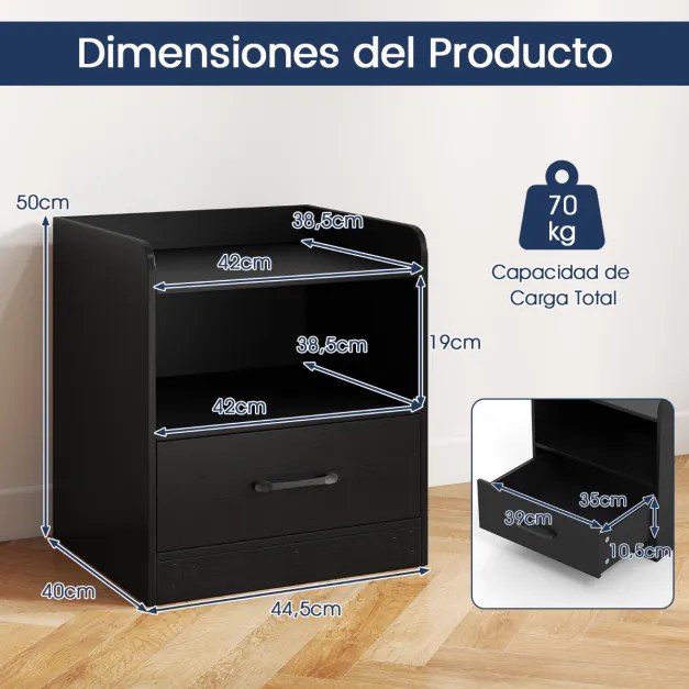 Mesa de cabeceira LED multicolorida 44,5 x 40 x 50 cm Mesa apoio com prateleira e gaveta Comando à distância para sala de estar e quarto Preto