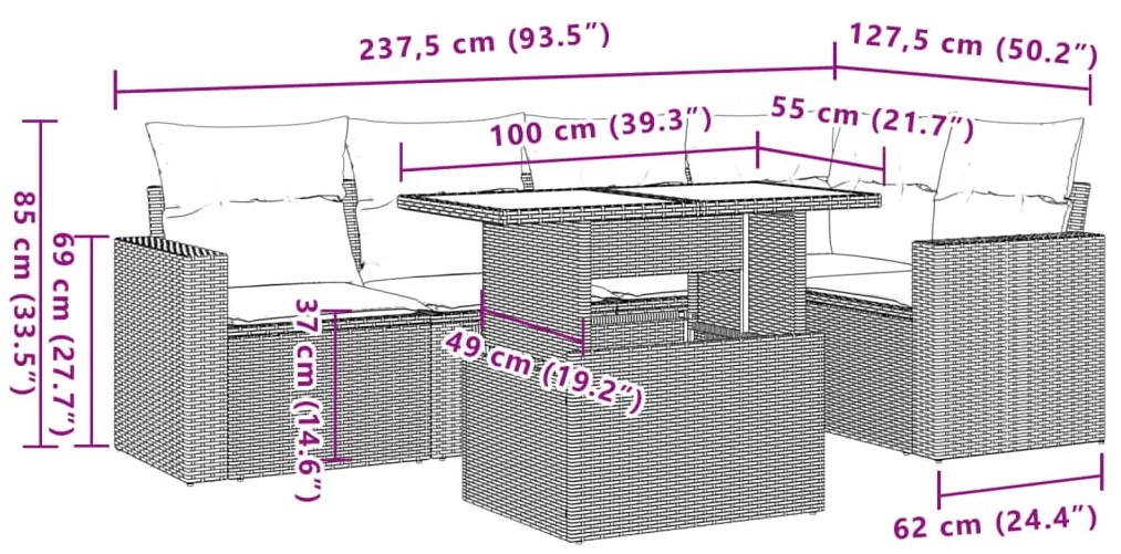 6 pcs conjunto de sofás jardim c/ almofadões vime PE castanho