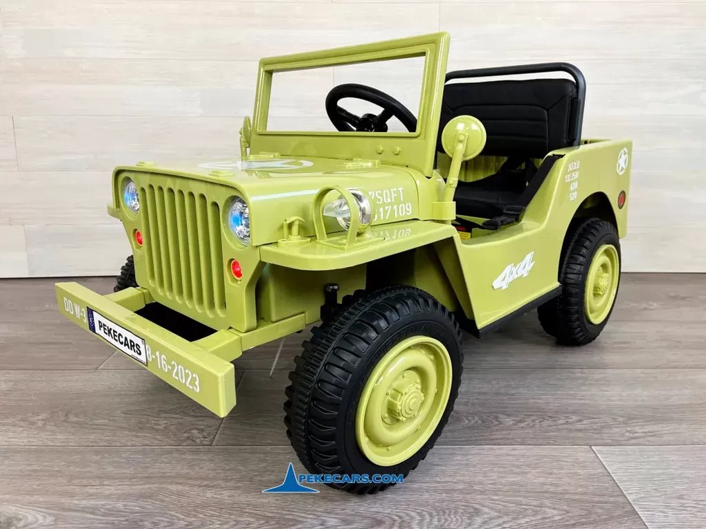 Jipe Willys 12V 1 Lugar 4x4 elétrico para crianças Todo terreno, rodas de borracha, assento Couro sintético cáqui militar