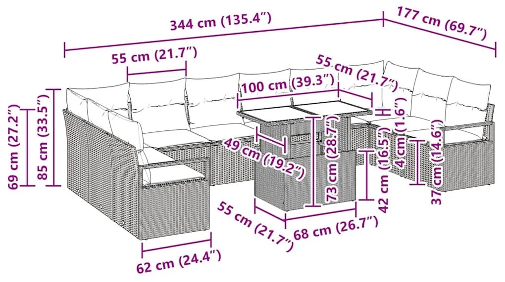 Conjunto de Sofás de Jardim de 11 Peças com Almofadas em Rattan Sintét