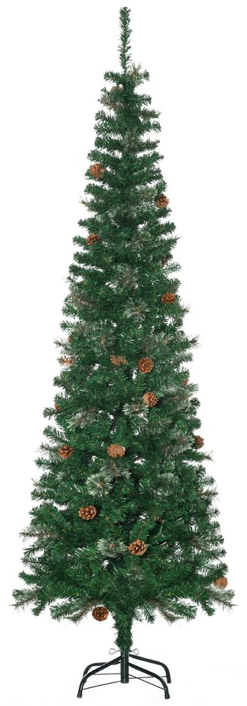 HOMCOM Árvore de Natal Artificial 195 cm Árvore de Natal com 556 Ramos Árvore de Natal Slim com 25 Pinhas Base Dobrável Ø54x195 cm Verde