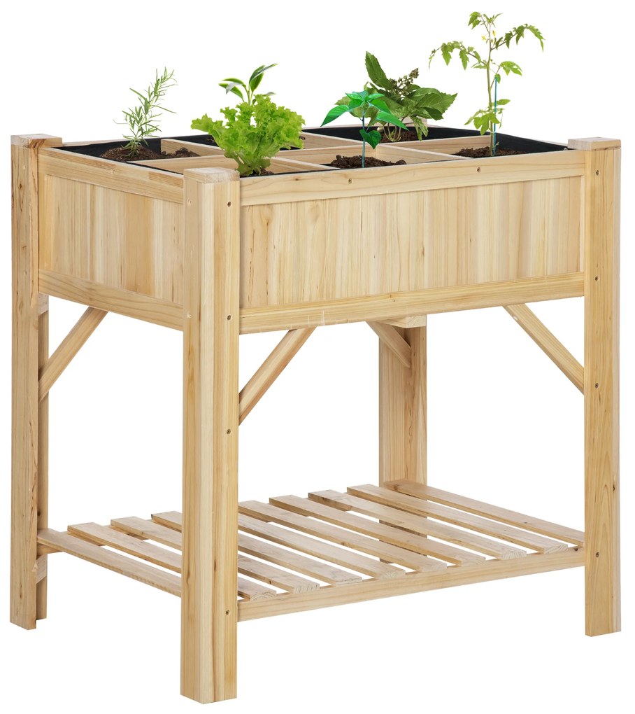 Outsunny Horta Vertical de Madeira 120x60x81cm Mesa de Cultivo com 6 Compartimentos e Prateleira Inferior para Plantas Flores Jardim Terraço Exterior Natural