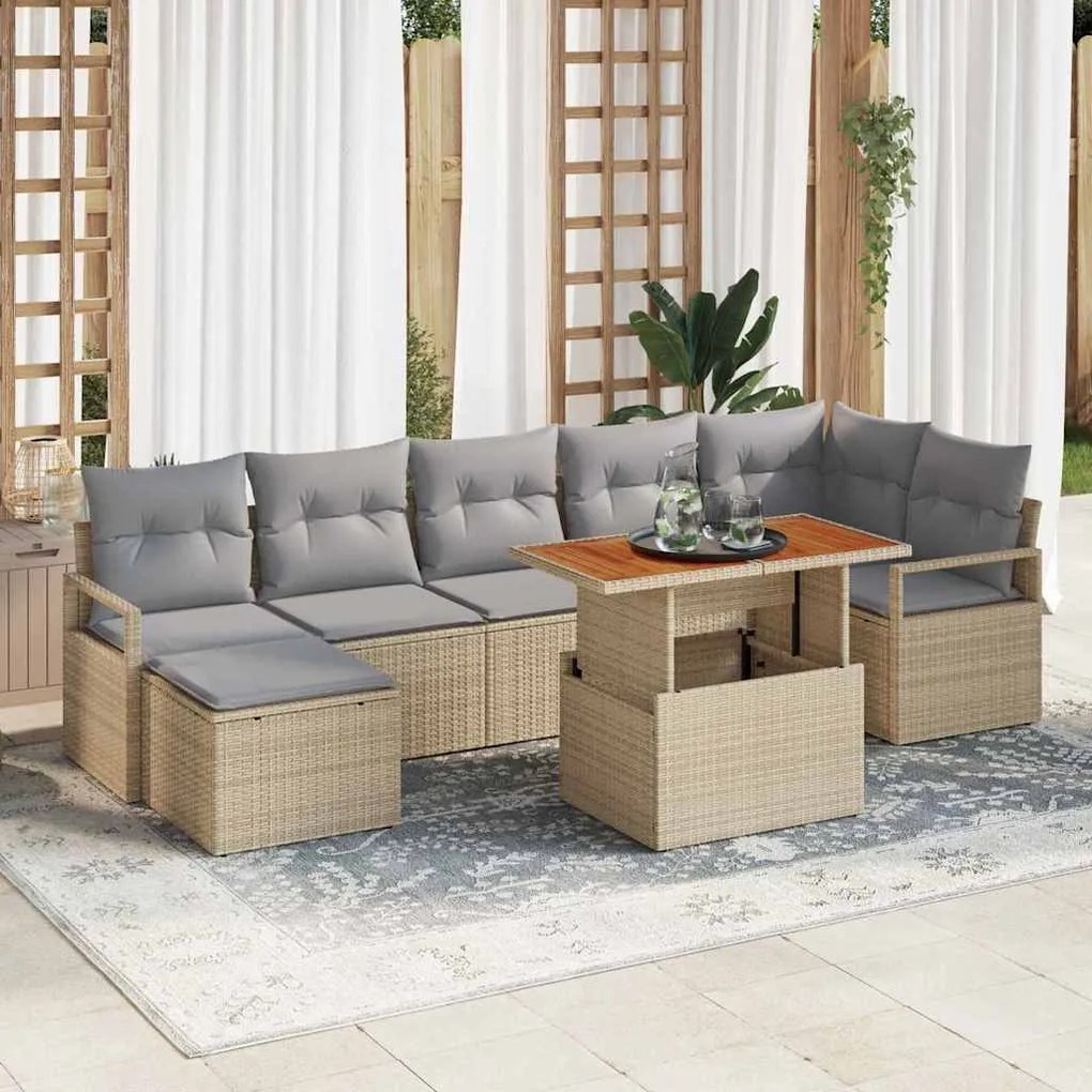 vidaXL Conjunto de Sofás de Jardim com 8 Peças, Almofadas Bege, Rattan de Polietileno, Acácia