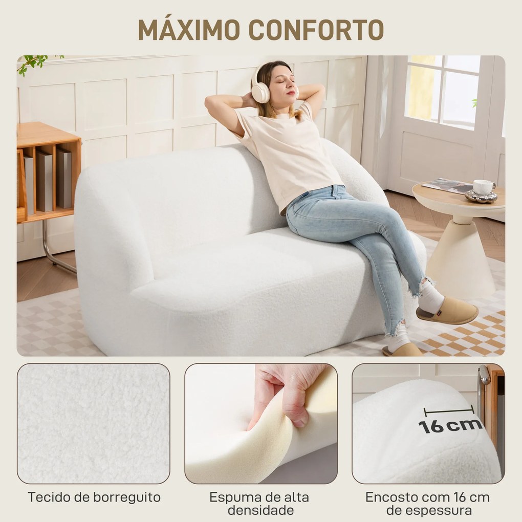 Sofá de 2 Lugares Estofado em Borreguito Sofá de Sala de Estar com Desenho Curvo e Acolchoamento Grosso142x85x73,5 cm Creme