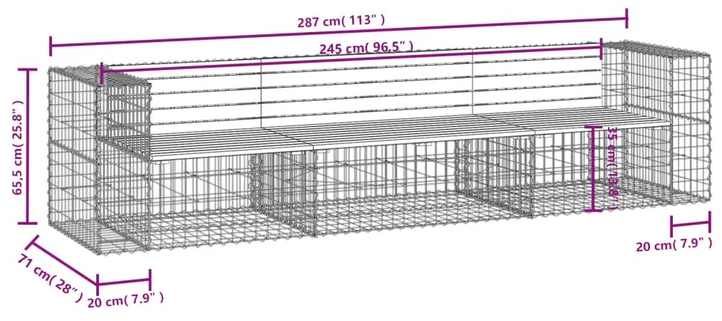 Banco de jardim c/ design gabião 287x71x65,5 cm pinho maciço