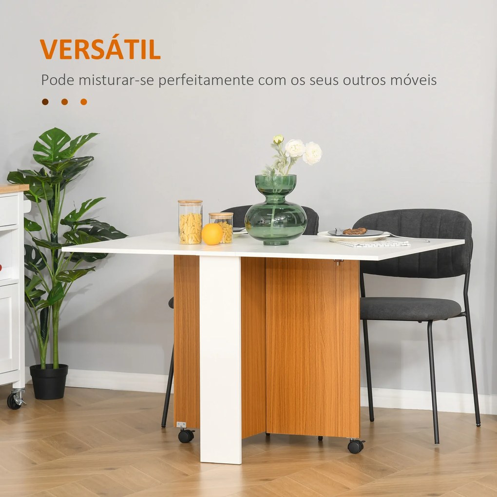 Mesa de Sala de Jantar Dobrável com Rodas Mesa Multifuncional para Sala de Jantar 120x80x73cm Branco e Teca