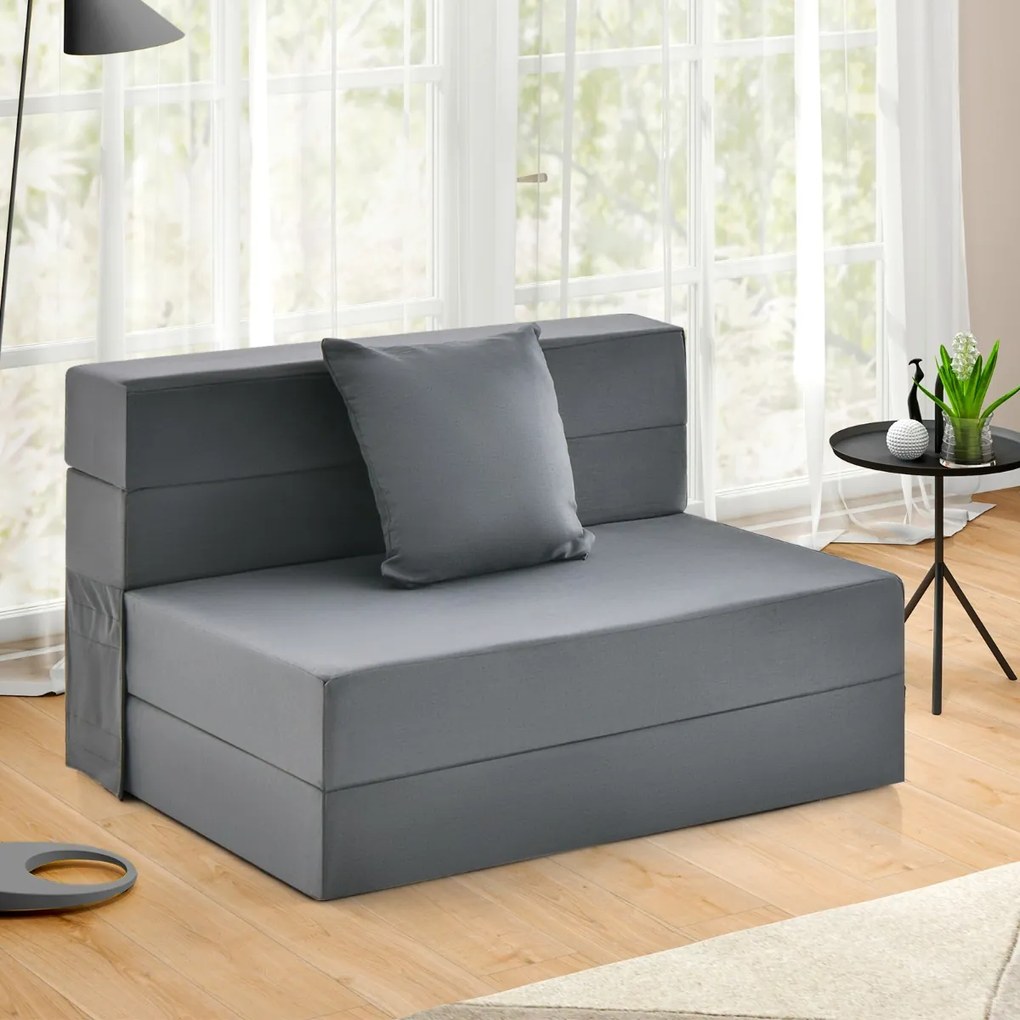 Sofá-cama de 3 seções com colchão dobrável de espuma de alta densidade com travesseiro capa lavável com fecho Cinzento Escuro