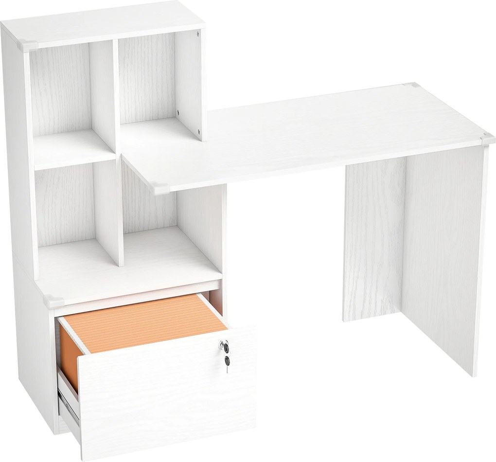 HOMCOM Mesa para computador com estante 4 compartimentos e gaveta com fechadura, 126 x 50 x 109 cm, grão de madeira branco | Aosom Portugal