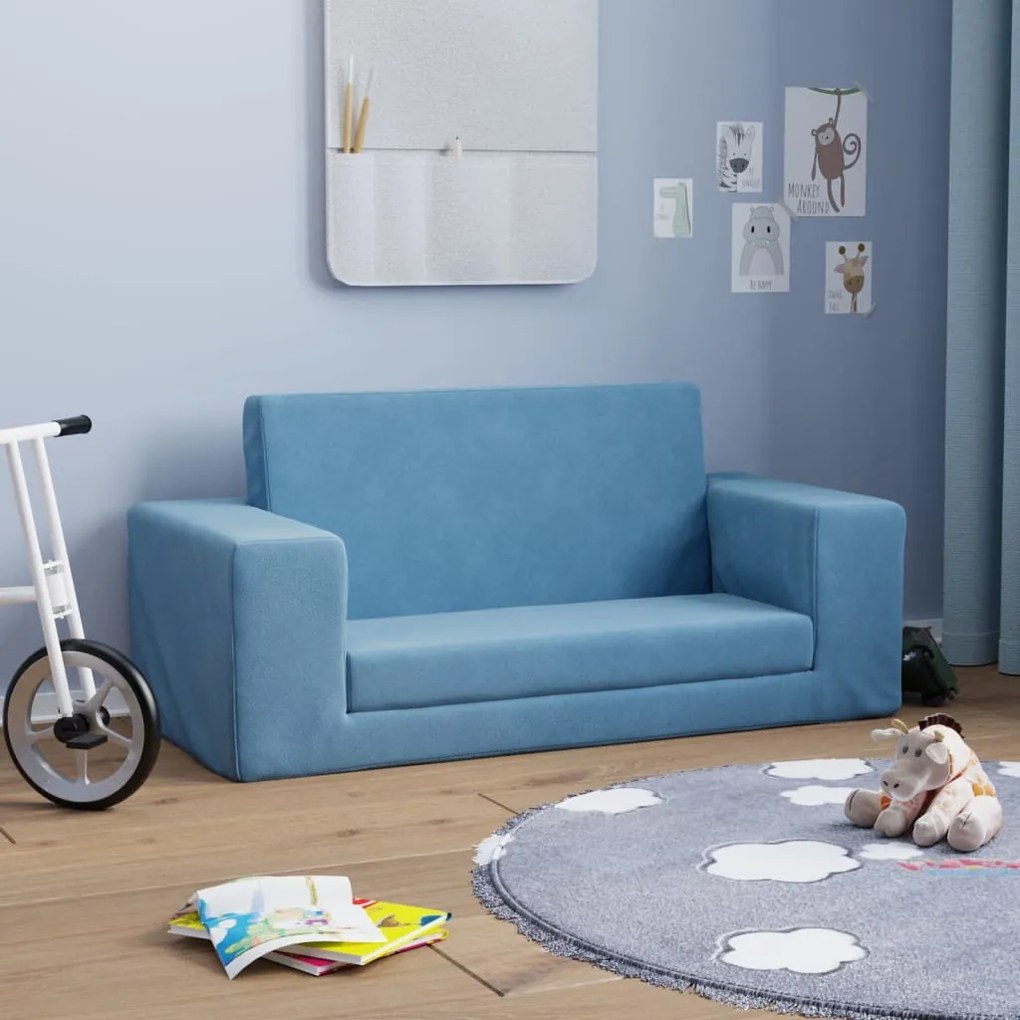 341831 vidaXL Sofá infantil de 2 lugares pelúcia azul