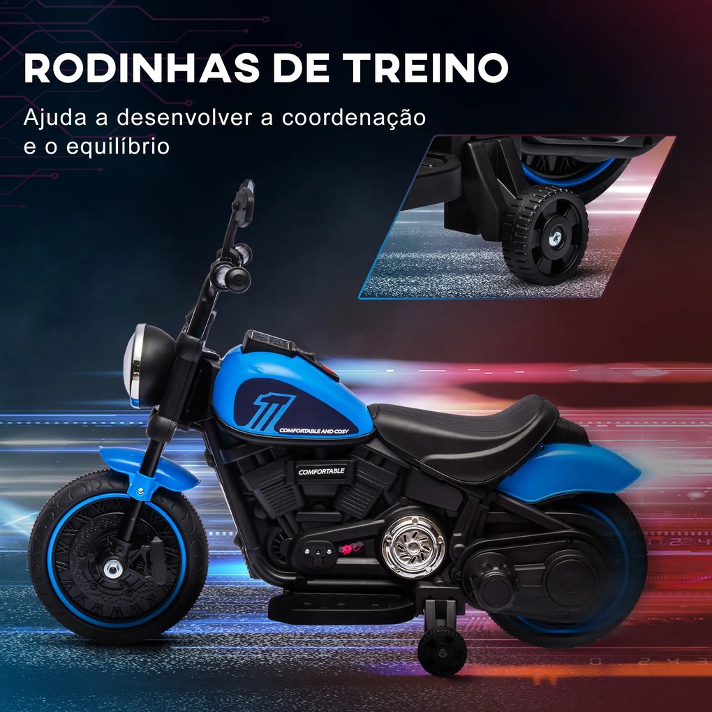 Motocicleta Elétrica para Crianças de 18-36 Meses com Bateria 6V Farol e Rodas Auxiliares Removíveis 76x42x57 cm Azul